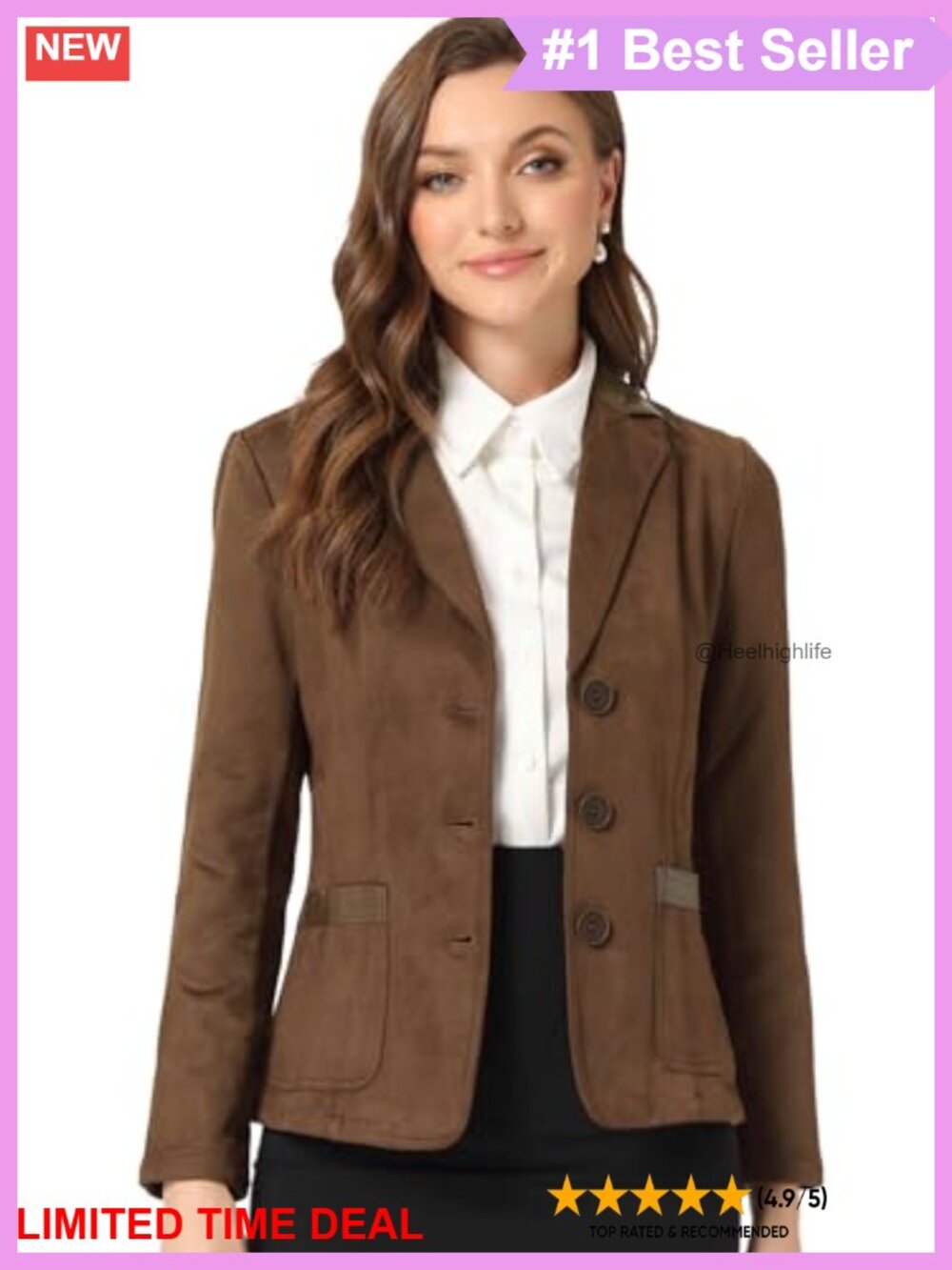 Faux Suede Blazer Jacket Notch Lapel Button Front Business Casual